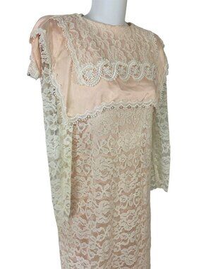 Jessica McClintock Pink Satin White Lace 2 Piece Dress Size 4 Vintage 1980s